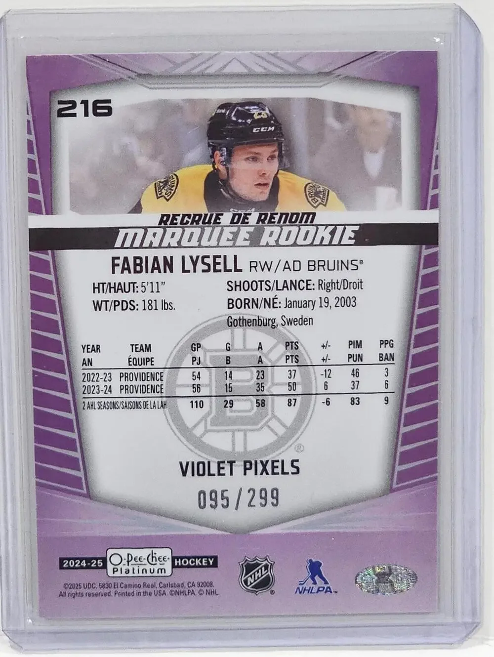 2022-23 O-Pee-Chee Platinum Fabian Lysell Marquee Rookie Violet Pixels #216 /299